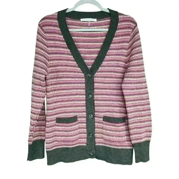 Trina Turk Merino Wool Multicolor Striped Button Front Cardigan Size Large - Picture 1 of 5